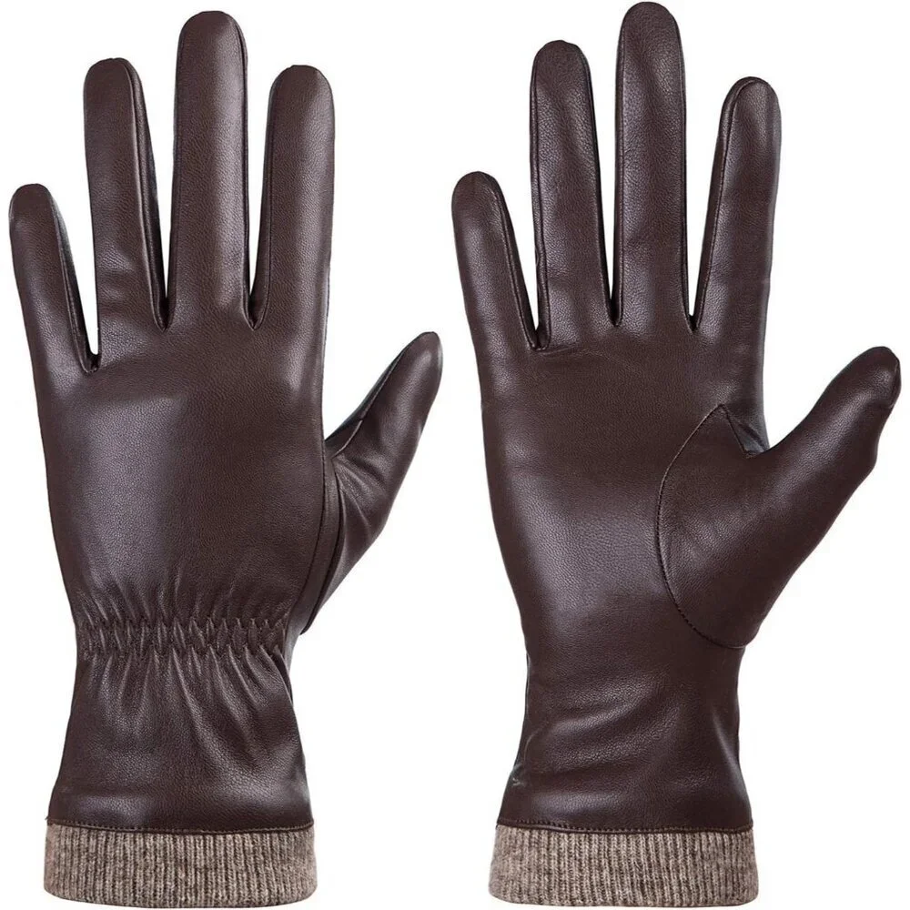 Women's Brown Winter Leather Gloves Wool Fleece Lined Thermal Touchscreen
